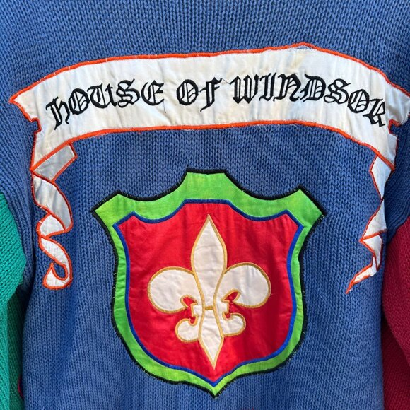 NO! Jeans Vintage 90s 80s Embroidered Knit Linen Cardigan House Of Windsor Crest - Picture 4 of 15
